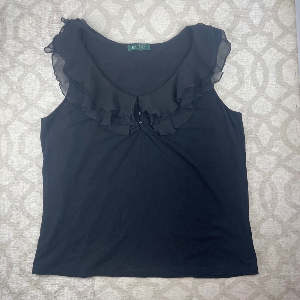 Lauren Ralph Lauren Top Womens XL Black Ruffle Neck Sleeveless Knit Blouse